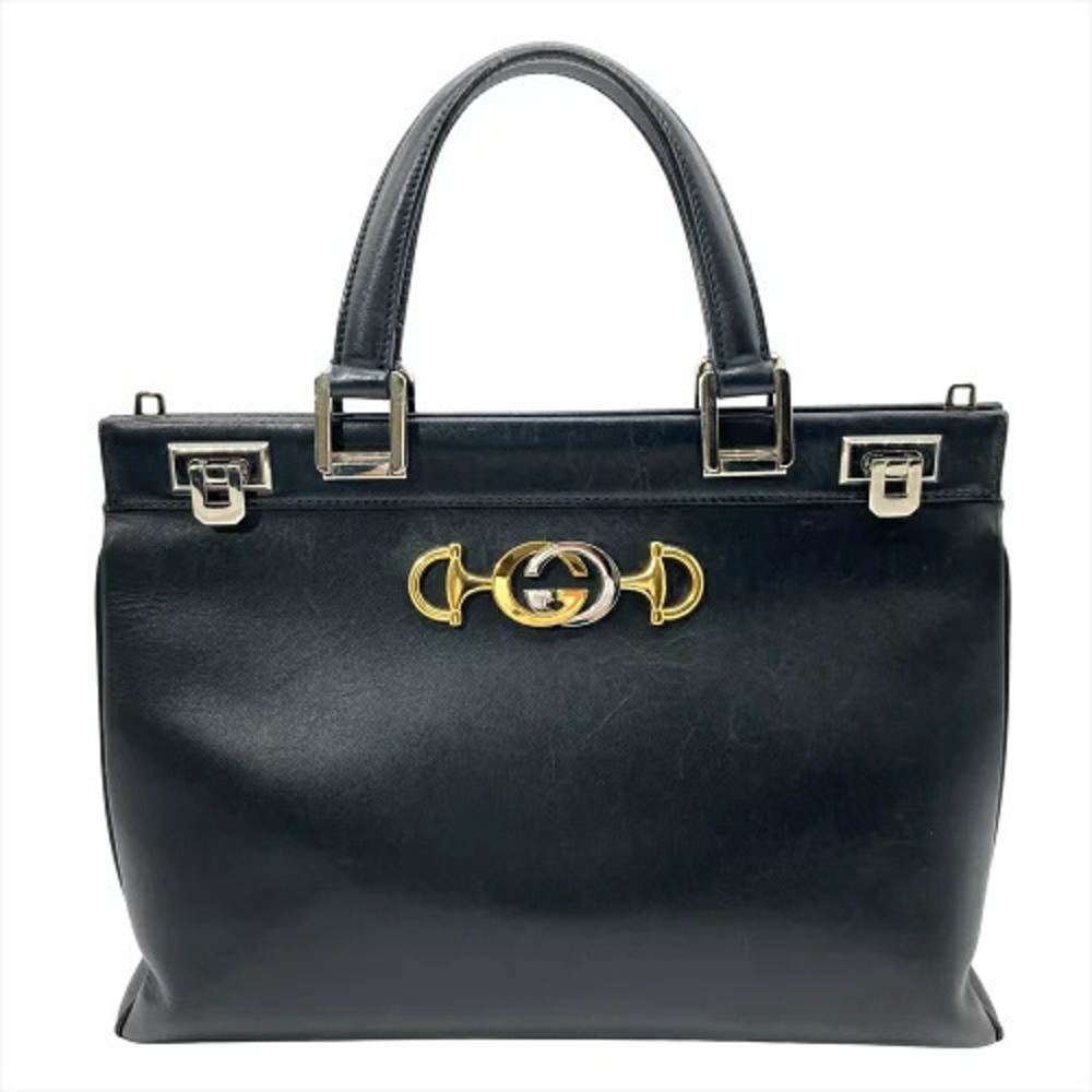 Gucci Zumi Top Handle Handbag Leather Black Silver Horsebit